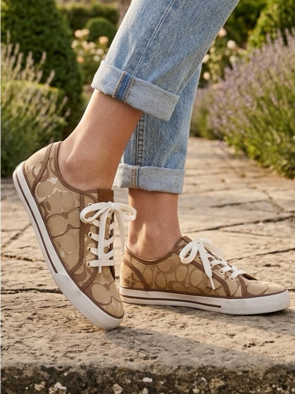 COACH Signature Jacquard Lace Up Sneakers Tan Khaki Women’s Size 10